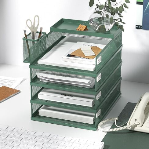 Stackable Letter Trays, 4 Tier Metal Paper Tray & Desk Organizer, Stackable File Trays for Office & Home, Multi-Functional Document Tray with Fine Grid Design & Magnetic Labels in Kuwait