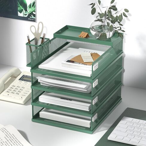 Stackable Letter Trays, 4 Tier Metal Paper Tray & Desk Organizer, Stackable File Trays for Office & Home, Multi-Functional Document Tray with Fine Grid Design & Magnetic Labels in Kuwait