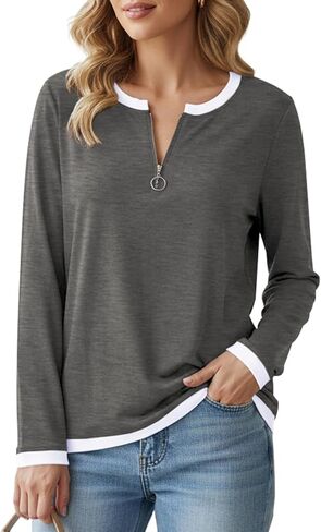 Poetsky Women's V Neck Long Sleeve Shirts Color Block Zipper Tops Loose Fit Tunic Tops Casual Polo Shirts in Kuwait