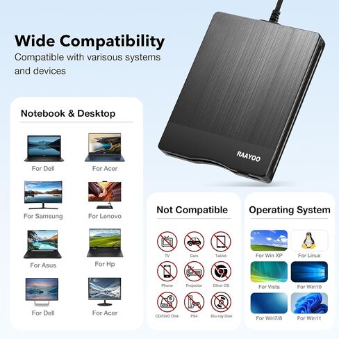 RAAYOO USB قارئ القرص المرن، 3.5 بوصة خارجي محمول 1.44 ميجا بايت FDD محرك الأقراص المرنة لنظام التشغيل Windows 7/8/2000/XP/Vista PC كمبيوتر محمول سطح المكتب الكمبيوتر المحمول - أسود in Kuwait