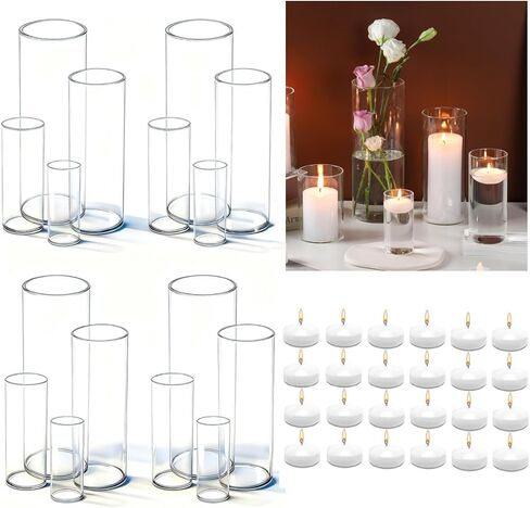 UDU Set of 16 Cylinder Glass Vases and 24 Pcs Floating Candles for Centerpiece, 4,6,8,10 Inch Tall Clear Hurricane Candle Holder Glass Vases for Centerpiece Table Wedding Home Decor in Saudi Arabia