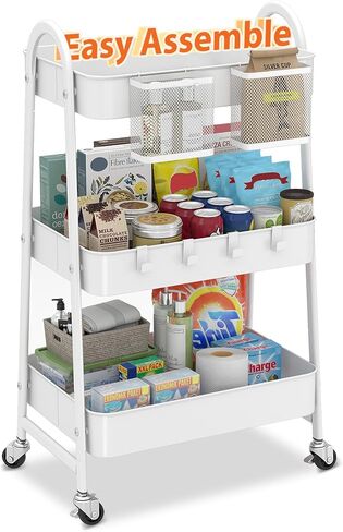 Sekey 3 Tier Rolling Cart Metal ، بدون مسامير تجمع عربة فائدة على عجلات ، عربة تخزين شديدة التحمل مع عجلات قابلة للقفل لحضانة الأطفال ، الحمام ، المطبخ ، غرفة الغسيل ، أبيض in Kuwait