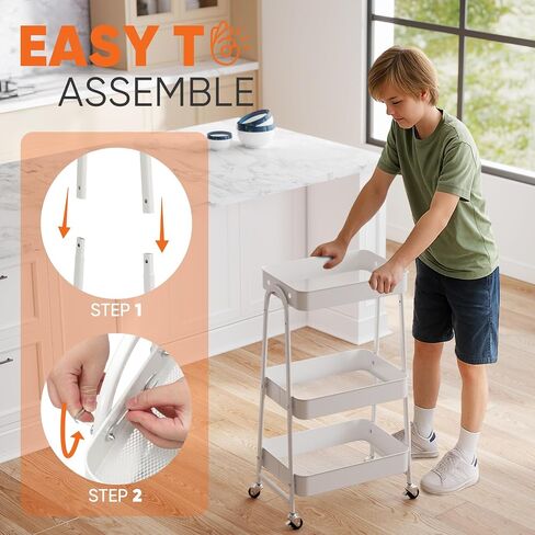 Sekey 3 Tier Rolling Cart Metal ، بدون مسامير تجمع عربة فائدة على عجلات ، عربة تخزين شديدة التحمل مع عجلات قابلة للقفل لحضانة الأطفال ، الحمام ، المطبخ ، غرفة الغسيل ، أبيض in Kuwait