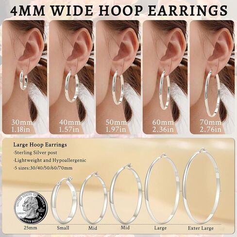 Loumileo 4mm عريض كبير أقراط الفضة الخفيفة 925 أقراط الفضة الاسترليني للنساء Hypoallergenic الأطواق الرقيقة الكبيرة للنساء 30/40/10/00/70 ملم in Kuwait
