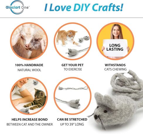 Glaciart One Felt Mouse Cat Toy – Soft Fuzzy Enrichment 100% Natural Wool - Interactive Catnip Play Cat Toy Set - Safe for Pets, Non-AZO Colored Dyes - 100" Long in Saudi Arabia