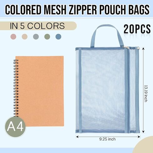 Marspark 20 Pack Mesh Mesh Zipper Bags ، أكياس شبكة نايلون مزدوجة الطبقة مع مقبض التخزين والتنظيم A4 & A5 Zipper Pouches for Board Board Game Travel ، 5 Colors in Kuwait