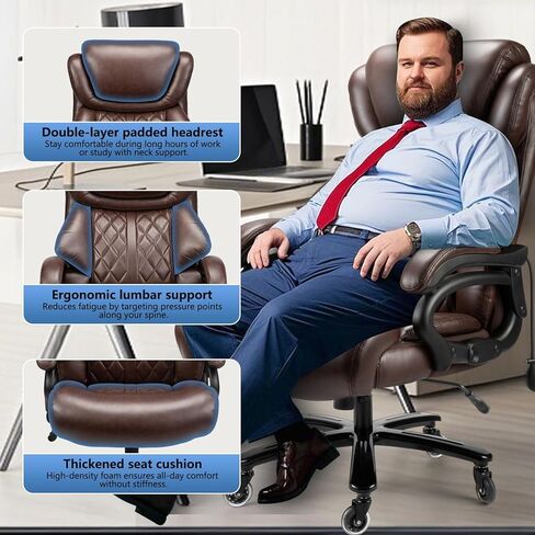 كرسي المكتب الكبير والطويل 800 رطل- كرسي كمبيوتر تنفيذي عالي الظهر للأشخاص الثقيلين الذين لديهم دعم القطني القابل للتعديل وعجلات هادئة- كرسي مكتب كبير للمكتب المنزلي (الأسود) in Kuwait