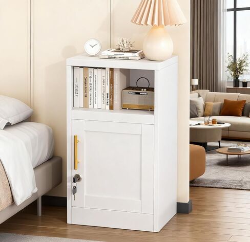 Metal Nightstand with Lockable Door and Adjustable Shelf, Small Storage Locker with Open Countertop, Versatile Side Table for Office, Bedroom, and Living Room, White in Saudi Arabia