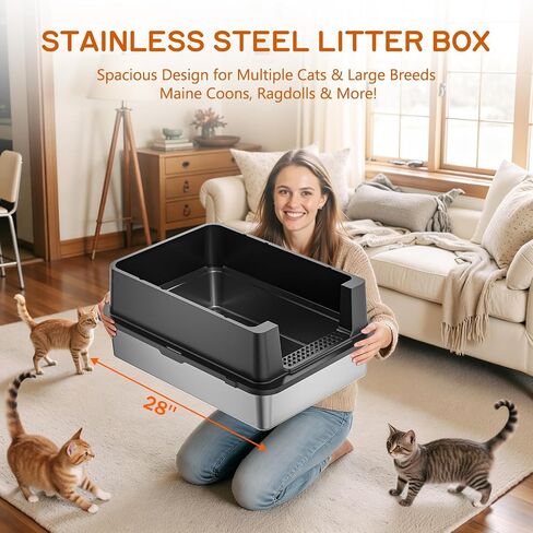 مربع فضلات من الفولاذ المقاوم للصدأ-28 بوصة كبيرة XXXL CAT STRETER BOX مع جوانب عالية ، غير مكافحة ومضاد للقطط الكبيرة/القطط المتعددة ، تشمل مغرفة معدنية شاقة ، رمادية in Saudi Arabia
