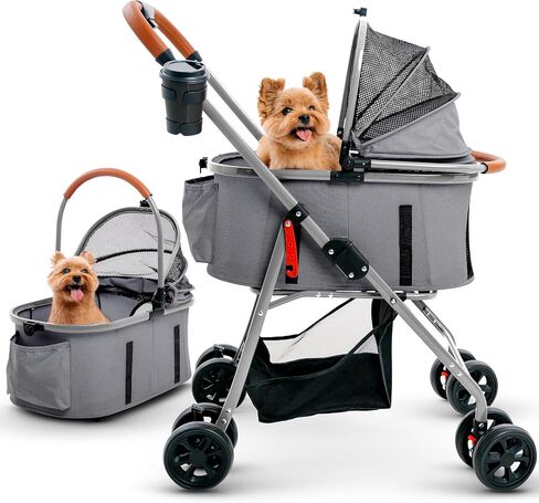Pet Stroller for Small Medium Dogs & Cats – 2-in-1 Detachable Carrier, Zipperless Entry, Lightweight Folding Travel Stroller with Storage Basket, Cup Holder, Gray in Saudi Arabia