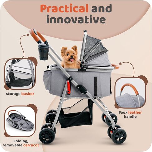 Pet Stroller for Small Medium Dogs & Cats – 2-in-1 Detachable Carrier, Zipperless Entry, Lightweight Folding Travel Stroller with Storage Basket, Cup Holder, Gray in Saudi Arabia