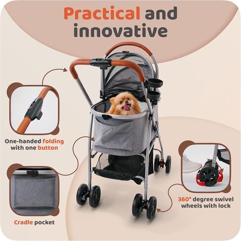 Pet Stroller for Small Medium Dogs & Cats – 2-in-1 Detachable Carrier, Zipperless Entry, Lightweight Folding Travel Stroller with Storage Basket, Cup Holder, Gray in Saudi Arabia