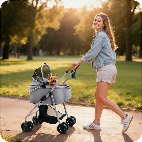 Pet Stroller for Small Medium Dogs & Cats – 2-in-1 Detachable Carrier, Zipperless Entry, Lightweight Folding Travel Stroller with Storage Basket, Cup Holder, Gray in Saudi Arabia
