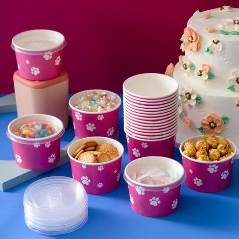 24 PCS 8 OZ PAW PRINT CUPS ICE CUPS BRAKS مع LIDS CUPS للكلاب التي يمكن التخلص منها أوعية الكلاب للآيس كريم الحلوى الخفيفة شرب اللوازم حفلات عيد ميلاد الطفل (الأزرق والبرتقالي) in Saudi Arabia