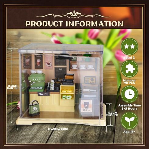 Coffee Shop Tiny House with LED Light Make It Miniature, DIY Miniature House Kit for Adults, Teens, and Beginners, Mini Dollhouse Kit with Home Decor Furniture, Gift for Friends and Hobbies in Kuwait