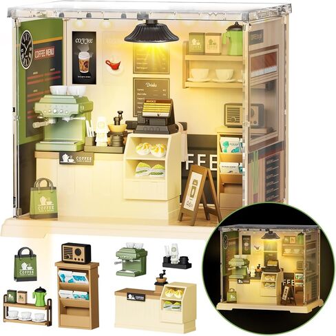 Coffee Shop Tiny House with LED Light Make It Miniature, DIY Miniature House Kit for Adults, Teens, and Beginners, Mini Dollhouse Kit with Home Decor Furniture, Gift for Friends and Hobbies in Kuwait