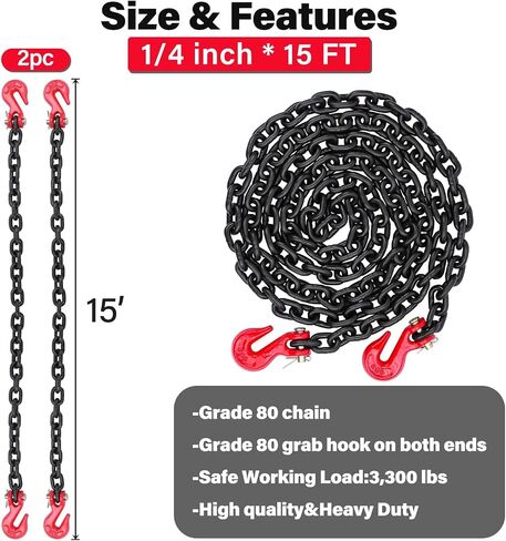 2 حزمة G80 سلسلة الموثق سلسلة 1/4 بوصة × 10 أقدام مع خطافات G80 Clevis Grab ، و 3300 رطل سلسلة أمان مقطورة العمل ، وسلاسل السحب من الدرجة 80 مع خطاف لسحب ، رابط راتشيت ، in Kuwait