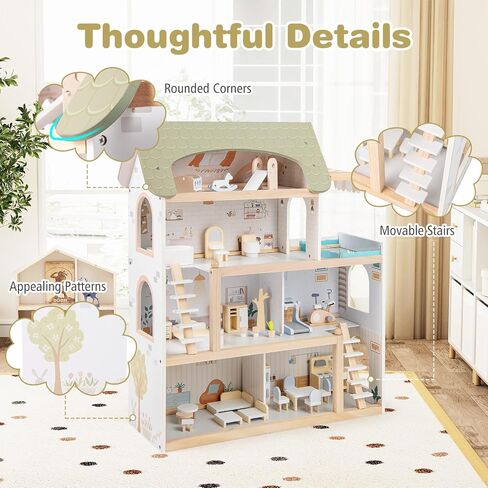 Costzon Wooden Dollhouse للأطفال ، منزل دمية فاخر من 3 طوابق مع 41 قطعة من إكسسوارات الأثاث ، 8 غرف ، درج وشرفة ، DIY Prayend Dollhouse Playset ، هدية للبنات الصغار الذين تتراوح أعمارهم بين 3+ (وردي) in Saudi Arabia