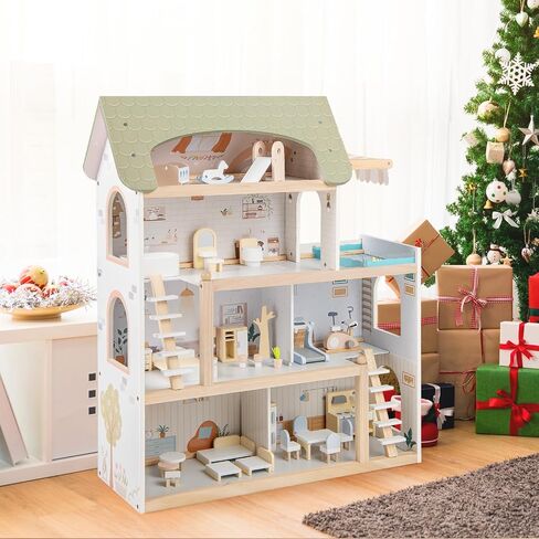 Costzon Wooden Dollhouse للأطفال ، منزل دمية فاخر من 3 طوابق مع 41 قطعة من إكسسوارات الأثاث ، 8 غرف ، درج وشرفة ، DIY Prayend Dollhouse Playset ، هدية للبنات الصغار الذين تتراوح أعمارهم بين 3+ (وردي) in Saudi Arabia