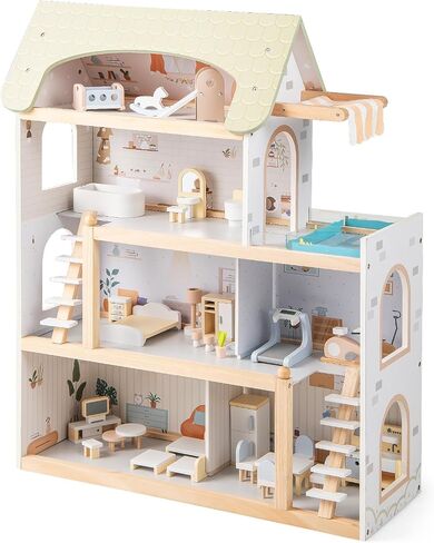 Costzon Wooden Dollhouse للأطفال ، منزل دمية فاخر من 3 طوابق مع 41 قطعة من إكسسوارات الأثاث ، 8 غرف ، درج وشرفة ، DIY Prayend Dollhouse Playset ، هدية للبنات الصغار الذين تتراوح أعمارهم بين 3+ (وردي) in Saudi Arabia