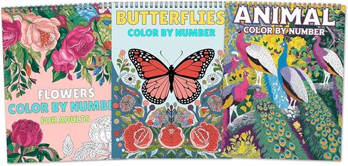 Ilyever 3 Pack Color by Number,Stress Relief Coloring Books for Adults,Spiral Bound Coloring Books for Women,Include 60 Patterns of Butterfly, Flowers,Animals for Adult Relaxation in Kuwait