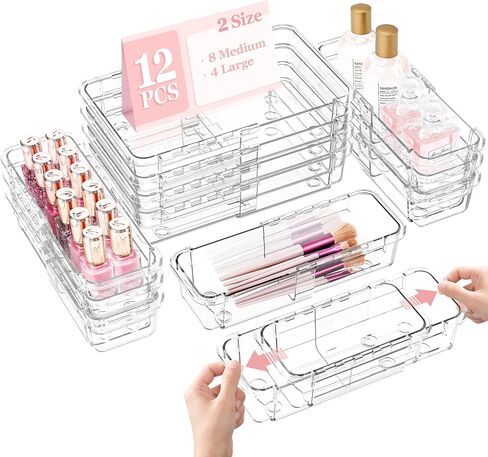 DILIBRA 16 Pcs Clear Extendable Drawer Organizer, Adjustable Drawer Storage 3-Size Desk Drawer Organizer, Plastic Non-Slip Storage Bins for Makeup, Cosmetic, Jewelries, Utensils, Stationery, Dressers in Kuwait