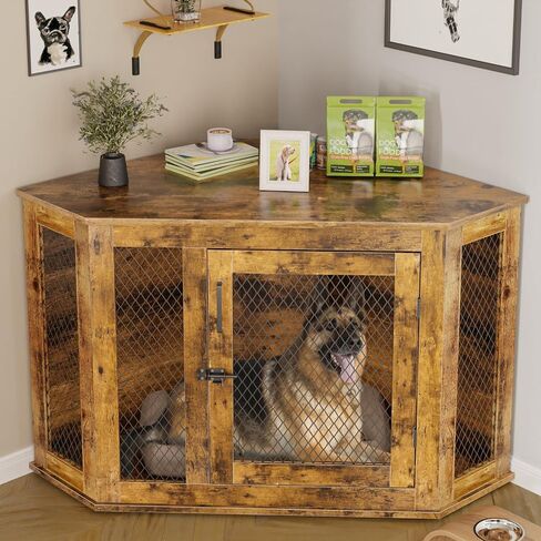 PUKAMI 44inch Corner Dog Crate Furniture,Wooden Dog Kennel Furniture with Mesh,Decorative Wood Dog House for Indoor use,for Small/Medium/Large Dog,Perfect for Limited Room in Kuwait