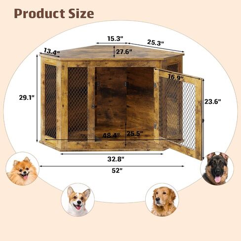PUKAMI 44inch Corner Dog Crate Furniture,Wooden Dog Kennel Furniture with Mesh,Decorative Wood Dog House for Indoor use,for Small/Medium/Large Dog,Perfect for Limited Room in Kuwait