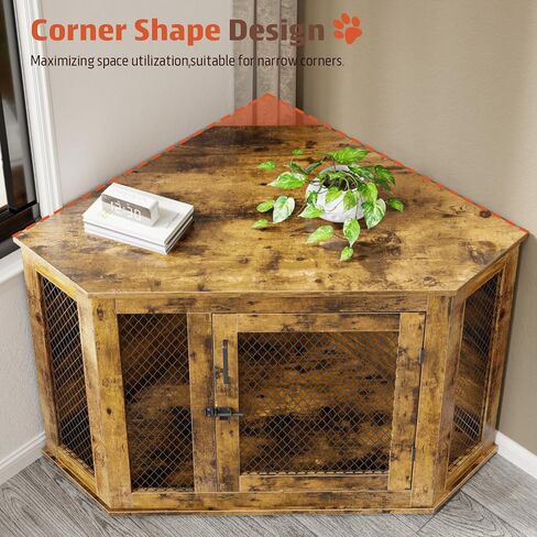 PUKAMI 44inch Corner Dog Crate Furniture,Wooden Dog Kennel Furniture with Mesh,Decorative Wood Dog House for Indoor use,for Small/Medium/Large Dog,Perfect for Limited Room in Kuwait
