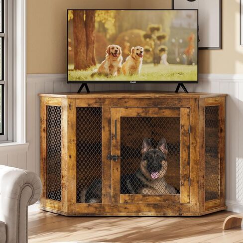 PUKAMI 44inch Corner Dog Crate Furniture,Wooden Dog Kennel Furniture with Mesh,Decorative Wood Dog House for Indoor use,for Small/Medium/Large Dog,Perfect for Limited Room in Kuwait
