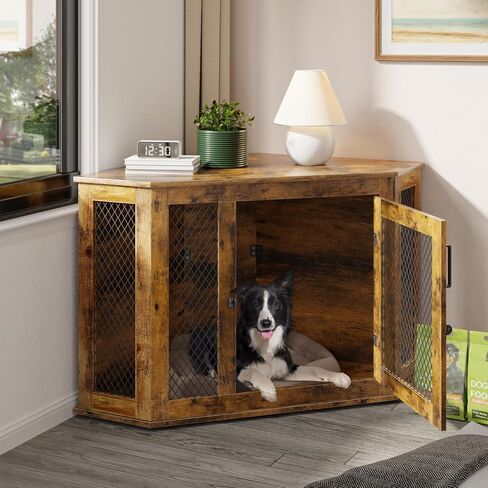 PUKAMI 44inch Corner Dog Crate Furniture,Wooden Dog Kennel Furniture with Mesh,Decorative Wood Dog House for Indoor use,for Small/Medium/Large Dog,Perfect for Limited Room in Kuwait