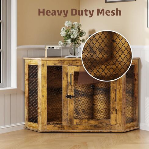 PUKAMI 44inch Corner Dog Crate Furniture,Wooden Dog Kennel Furniture with Mesh,Decorative Wood Dog House for Indoor use,for Small/Medium/Large Dog,Perfect for Limited Room in Kuwait