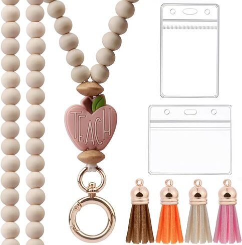 المعلم الحبل مع حامل الهوية ، أزياء خشب الحبل المزيج للخرز للمفتاح ، Boho Breakaway for Women ، لشارات الهوية امرأة المعلم ممرضة مكتب in Saudi Arabia
