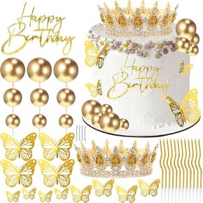 Crown Cake Topper, Balls Happy Birthday Cake Topper Crown Birthday Candles Gold Butterflies, Corona Para Pastel, Cake Decorations for Birthday Wedding Baby Shower (Gold, Pink) in Saudi Arabia
