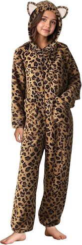 RRHSS Girls Leopard Fleece Onesie Pajamas Kids Cute أذن غطاء محرك السيارة زي أزياء النوم من 5 إلى 14 سنة in Kuwait