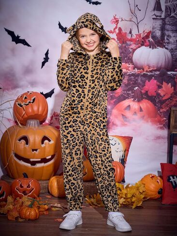 RRHSS Girls Leopard Fleece Onesie Pajamas Kids Cute أذن غطاء محرك السيارة زي أزياء النوم من 5 إلى 14 سنة in Kuwait