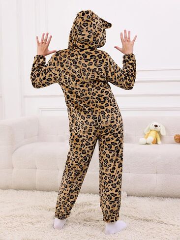 RRHSS Girls Leopard Fleece Onesie Pajamas Kids Cute أذن غطاء محرك السيارة زي أزياء النوم من 5 إلى 14 سنة in Kuwait