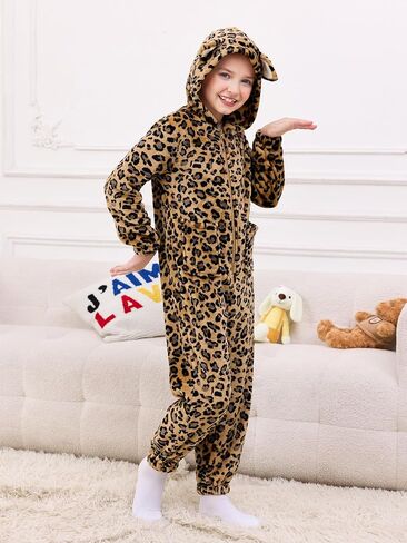 RRHSS Girls Leopard Fleece Onesie Pajamas Kids Cute أذن غطاء محرك السيارة زي أزياء النوم من 5 إلى 14 سنة in Kuwait