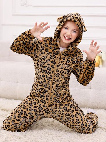 RRHSS Girls Leopard Fleece Onesie Pajamas Kids Cute أذن غطاء محرك السيارة زي أزياء النوم من 5 إلى 14 سنة in Kuwait