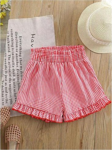 Girl's Gingham Shorts Elastic Waist Ruffle Hem Summer Casual Plaid Shorts in Saudi Arabia
