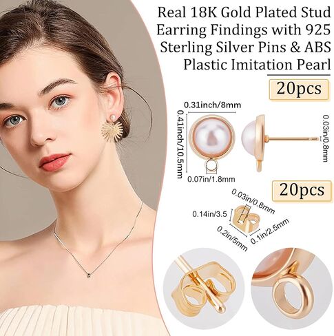 Beebeecraft 20Pcs/Box 18K Gold Plated Earring Findings with Plastic Pearl Half Round Earring with Loop & Sterling Silver Pins & Butterfly Earring Backs for DIY Earring Making in Saudi Arabia