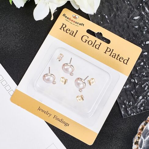 Beebeecraft 20Pcs/Box 18K Gold Plated Earring Findings with Plastic Pearl Half Round Earring with Loop & Sterling Silver Pins & Butterfly Earring Backs for DIY Earring Making in Saudi Arabia