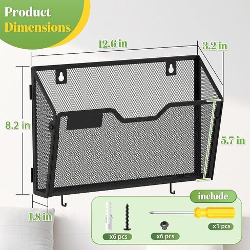 YINGHUA 3 Pack Mesh File Holders Wall Mounted - Durable Metal Hanging Organizer with Hooks - 12.6 Inch Vertical Wall Baskets for Mail Papers Office Home and School Storage - Black in Saudi Arabia