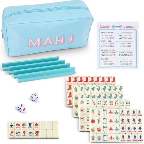 Soulchen Mini American Mahjong Tile Set تشمل 160 0.8 بوصة Mahjong Tiles 2 Dice 4 Blue-Green Wooden Rulers 1 Accessory Bag 4 بطاقات قاعدة المبتدئين للسفر in Kuwait