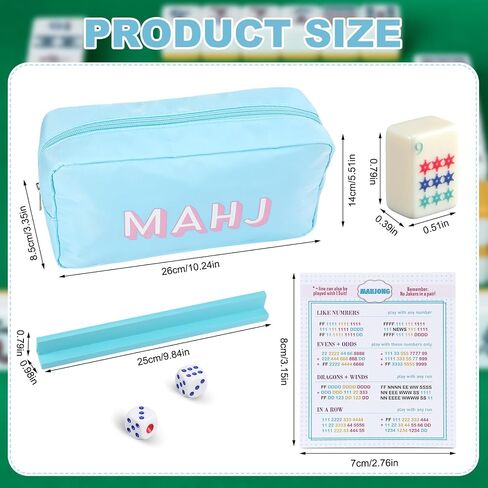 Soulchen Mini American Mahjong Tile Set تشمل 160 0.8 بوصة Mahjong Tiles 2 Dice 4 Blue-Green Wooden Rulers 1 Accessory Bag 4 بطاقات قاعدة المبتدئين للسفر in Kuwait