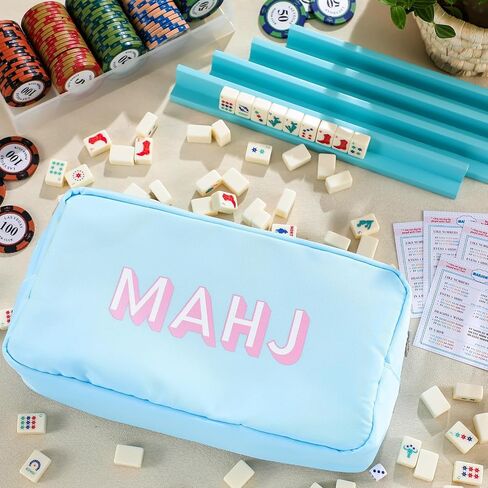 Soulchen Mini American Mahjong Tile Set تشمل 160 0.8 بوصة Mahjong Tiles 2 Dice 4 Blue-Green Wooden Rulers 1 Accessory Bag 4 بطاقات قاعدة المبتدئين للسفر in Kuwait