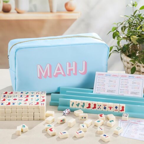 Soulchen Mini American Mahjong Tile Set تشمل 160 0.8 بوصة Mahjong Tiles 2 Dice 4 Blue-Green Wooden Rulers 1 Accessory Bag 4 بطاقات قاعدة المبتدئين للسفر in Kuwait