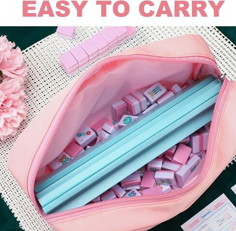 Soulchen Mini American Mahjong Tile Set Include 160 0.8 Inch Mahjong Tiles 2 Dice 4 Blue-Green Wooden Rulers 1 Accessory Bag 4 Beginner Rule Cards for Travel in Kuwait