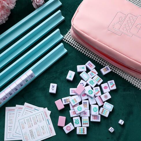 Soulchen Mini American Mahjong Tile Set Include 160 0.8 Inch Mahjong Tiles 2 Dice 4 Blue-Green Wooden Rulers 1 Accessory Bag 4 Beginner Rule Cards for Travel in Kuwait