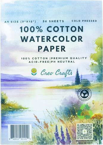 Creo Crafts 100% Cotton Watercolor Paper Pad 8x5" – 36 Sheets, A5, Cold Pressed, Acid-Free, pH Neutral, Premium Artist-Grade Paper for Painting, Drawing & Mixed Media in Kuwait